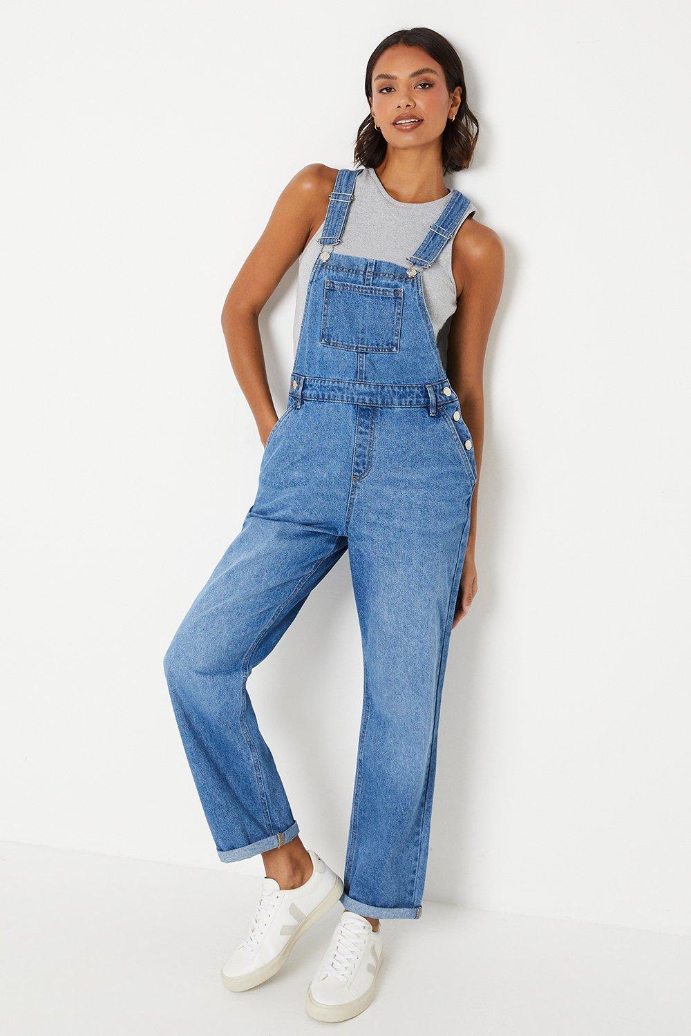 Women’s Relaxed Fit Denim Dungarees - mid wash - 8